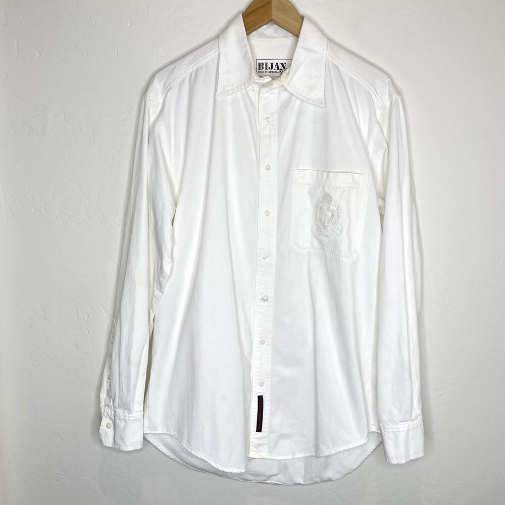 Bijan USA White Button Up Embroidered Crest Long Sleeve Shirt Mens Small White